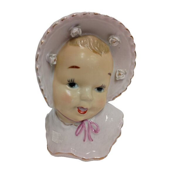 Vintage 1960s Royal Pottery Porcelain Baby In Bonnet Head Vase With Roses MCM - Picture 1 of 10